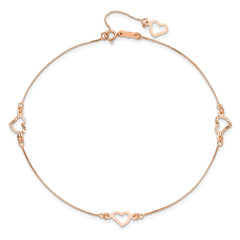 14K Rose Gold Fancy Open Hearts 3-Station 9 inch Plus 1 inch Extender - Total 10 inch Anklet