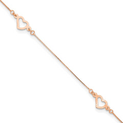 14K Rose Gold Fancy Open Hearts 3-Station 9 inch Plus 1 inch Extender - Total 10 inch Anklet