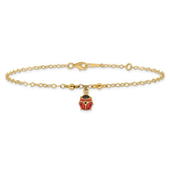 14K Red and Black Enameled Ladybug 9 inch Plus 1 inch Extender - Total 10 inch Anklet