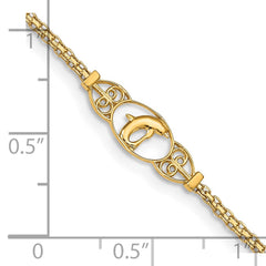 14k Polished Dolphin and Filigree Bismark Chain 9 inch Anklet