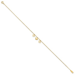 14k Three Heart Dangles 9 inch Plus 1 inch Extender - Total 10 inch Anklet