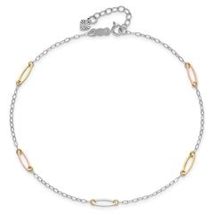 14K Tri-color Oval Link 5-Station 9 inch Plus 1 inch Extender - Total 10 inch Anklet