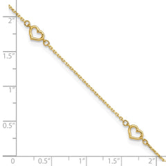 14K Open Hearts 4-Station 10 inch Plus 1 inch Extender - Total 11 inch Anklet