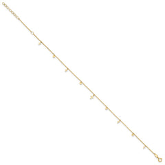 14K Polished Dangle Crosses and Circles 9 inch Plus 2 in Extender - Total 11 inch Anklet