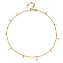 14K Polished Dangle Crosses and Circles 9 inch Plus 2 in Extender - Total 11 inch Anklet