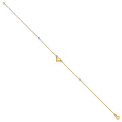 14k Two-tone Polished Puffed Heart with Beads 10 inch Anklet