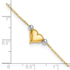 14k Two-tone Polished Puffed Heart with Beads 10 inch Anklet