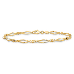 14k Polished Twisted Oval and Mirror Beads 9 inch Anklet