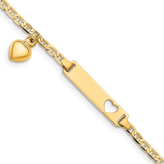 14k Polished Solid Chain/Solid Plate Cut-out Heart with Heart Dangle Anchor Link 22x5mm Plate 5.5 inch Baby/Child ID Bracelet