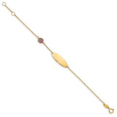 14K Polished Purple Enamel Flower and 20x7mm Plate 5.5 inch Baby/Child ID Bracelet with 0.5 inch Extender