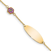 14K Polished Purple Enamel Flower and 20x7mm Plate 5.5 inch Baby/Child ID Bracelet with 0.5 inch Extender