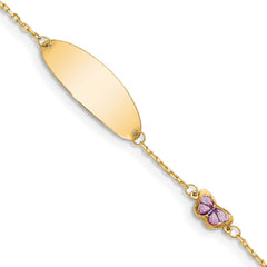 14K Polished Purple Enamel Butterfly and 20x7mm Plate 5.5 inch Baby/Child ID Bracelet with 0.5 inch Extender