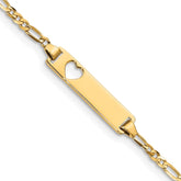 14k Polished Solid Chain/Solid Plate Figaro Link Cut-out Heart 21.4x5.4mm Plate 5.5 inch Baby/Child ID Bracelet