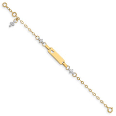 14k Two-tone Polished Textured Cross and Cut-out Heart 18x5mm Plate 6 inch Baby/Child ID Bracelet with 1 inch Extender