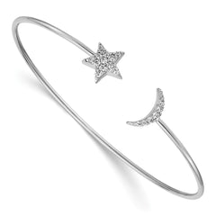 14k White Gold Complete 1/4 carat Diamond Moon and Star Flexible Cuff Bangle Bracelet