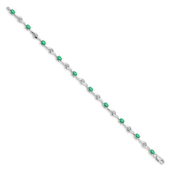 14k White Gold Complete Oval Emerald and Round White Sapphire Curved Link 7 inch Bracelet
