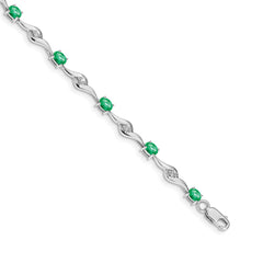 14k White Gold Complete Oval Emerald and Round White Sapphire Curved Link 7 inch Bracelet