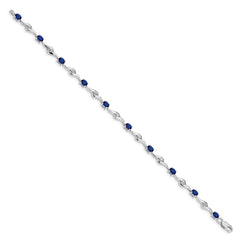 14k White Gold Complete Oval Blue Sapphire and Round White Sapphire Curved Link 7 inch Bracelet