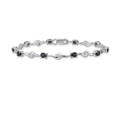 14k White Gold Complete Oval Blue Sapphire and Round White Sapphire Curved Link 7 inch Bracelet