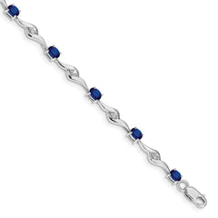 14k White Gold Complete Oval Blue Sapphire and Round White Sapphire Curved Link 7 inch Bracelet