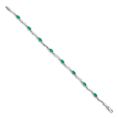 14k White Gold Complete Diamond and Oval Emerald Wavy Link 7 inch Bracelet