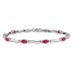 14k White Gold Complete Diamond and Oval Ruby Wavy Link 7 inch Bracelet