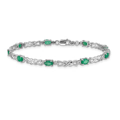 14k White Gold Complete Diamond and Oval Emerald X-design 7.25 inch Bracelet