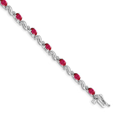 14k White Gold Complete Diamond and Oval Ruby Curved Link 7 inch Bracelet