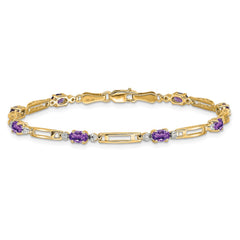 14k Complete Diamond and Oval Amethyst Fancy Link 7 inch Bracelet