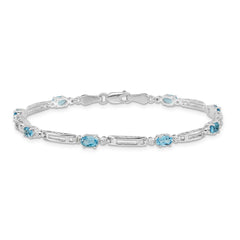 14k White Gold Complete Diamond and Oval Swiss Blue Topaz Fancy Link 7 inch Bracelet