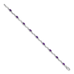 14k White Gold Complete Diamond and Oval Amethyst Wavy Link 7 inch Bracelet