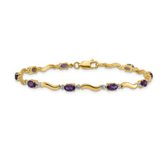 14k Complete Diamond and Oval Amethyst Wavy Link 7 inch Bracelet