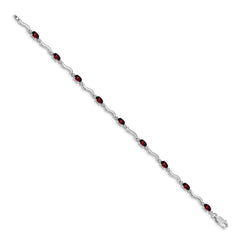 14k White Gold Complete Diamond and Oval Garnet Wavy Link 7 inch Bracelet