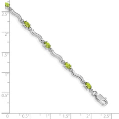 14k White Gold Complete Diamond and Oval Peridot Wavy Link 7 inch Bracelet
