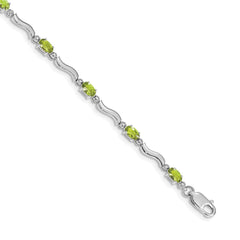 14k White Gold Complete Diamond and Oval Peridot Wavy Link 7 inch Bracelet