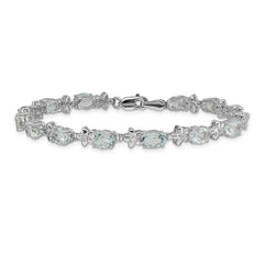 14k White Gold Complete Diamond and Oval Aquamarine Floral 7 inch Bracelet