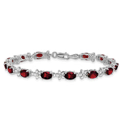 14k White Gold Complete Diamond and Oval Garnet Floral 7 inch Bracelet