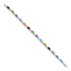 14k White Gold Complete Diamond and Oval Garnet/Swiss Blue Topaz/Citrine/Amethyst/Peridot Floral 7 inch Rainbow Bracelet