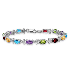 14k White Gold Complete Diamond and Oval Garnet/Swiss Blue Topaz/Citrine/Amethyst/Peridot Floral 7 inch Rainbow Bracelet