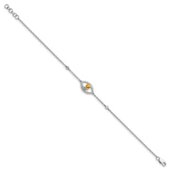 14k White Gold Polished Complete Diamond and Round Citrine 7 inch Eye Bracelet with 0.5 inch Extender