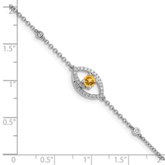 14k White Gold Polished Complete Diamond and Round Citrine 7 inch Eye Bracelet with 0.5 inch Extender
