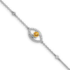 14k White Gold Polished Complete Diamond and Round Citrine 7 inch Eye Bracelet with 0.5 inch Extender