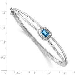 14k White Gold Complete Emerald-cut Blue Topaz and 1/10 carat Diamond Halo Hinged Bangle Bracelet