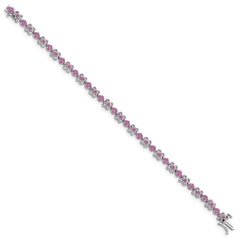 14k White Gold Complete Lab Created Pink Sapphire Flowers 7 inch Bracelet