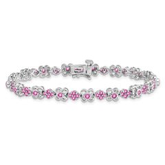 14k White Gold Complete Lab Created Pink Sapphire Flowers 7 inch Bracelet