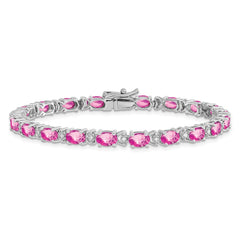 14k White Gold Complete Lab Created Oval Pink Sapphire and Diamond 7 inch Bracelet
