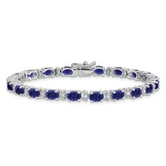 14k White Gold Complete Oval Lab Created Sapphire and Diamond 7 inch Bracelet