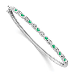 14k White Gold Complete Emerald and 1/10 carat Diamond Hinged Bangle Bracelet