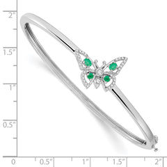 14k White Gold Complete Emerald and 1/6 carat Diamond Butterfly Hinged Bangle Bracelet