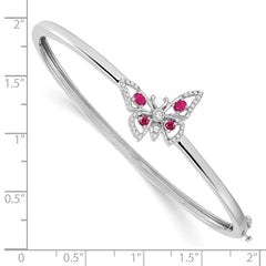 14k White Gold Complete Ruby and 1/6 carat Diamond Butterfly Hinged Bangle Bracelet